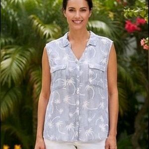 Dept 222 3X Shirt Sleeveless Button Front Pockets Collar Blue Stripe White Palms